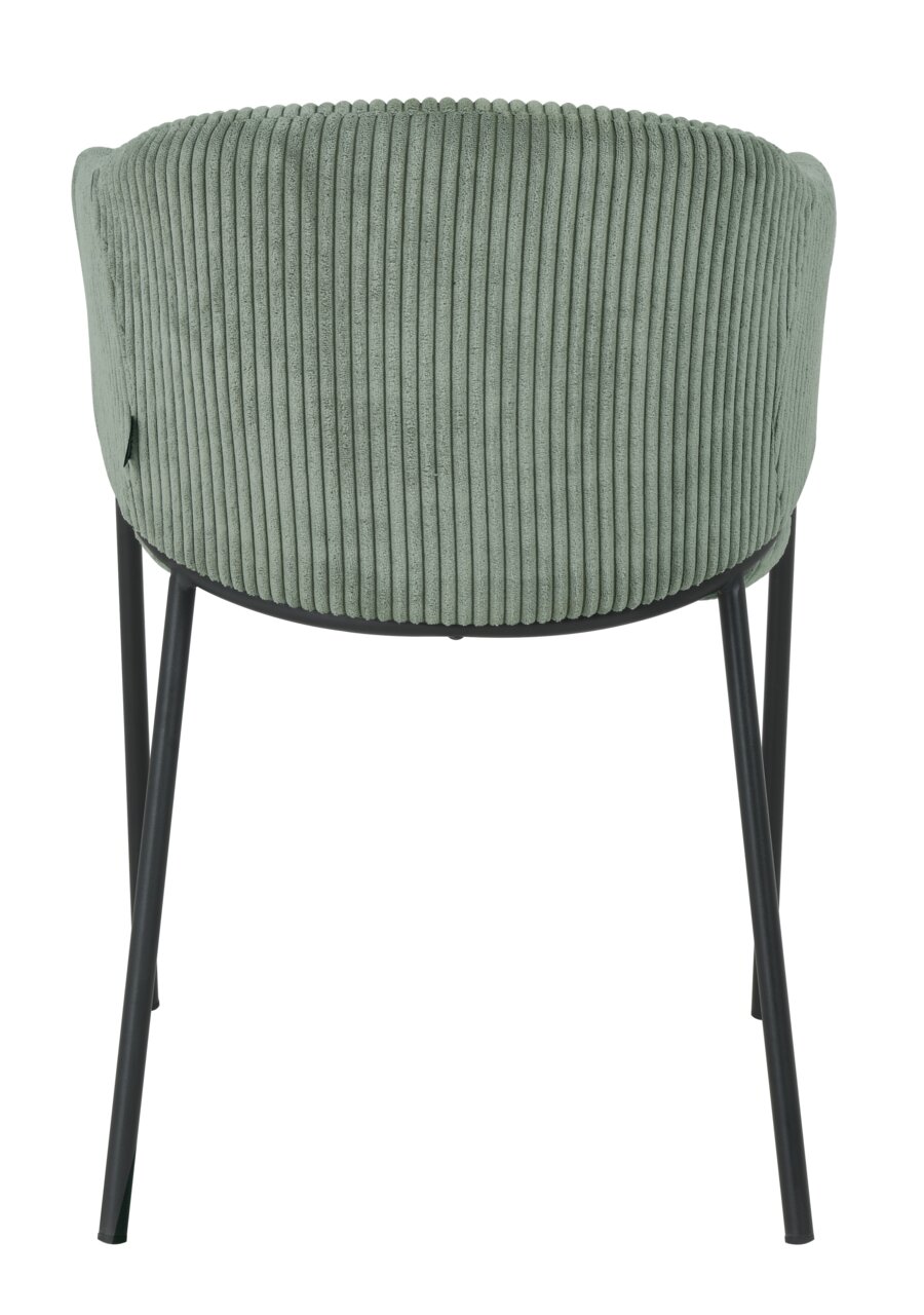Rückansicht eines grünen Armlehnstuhls mit geripptem Stoffbezug und schwarzen Metallbeinen.