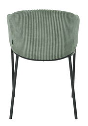 Rückansicht eines grünen Armlehnstuhls mit geripptem Stoffbezug und schwarzen Metallbeinen.