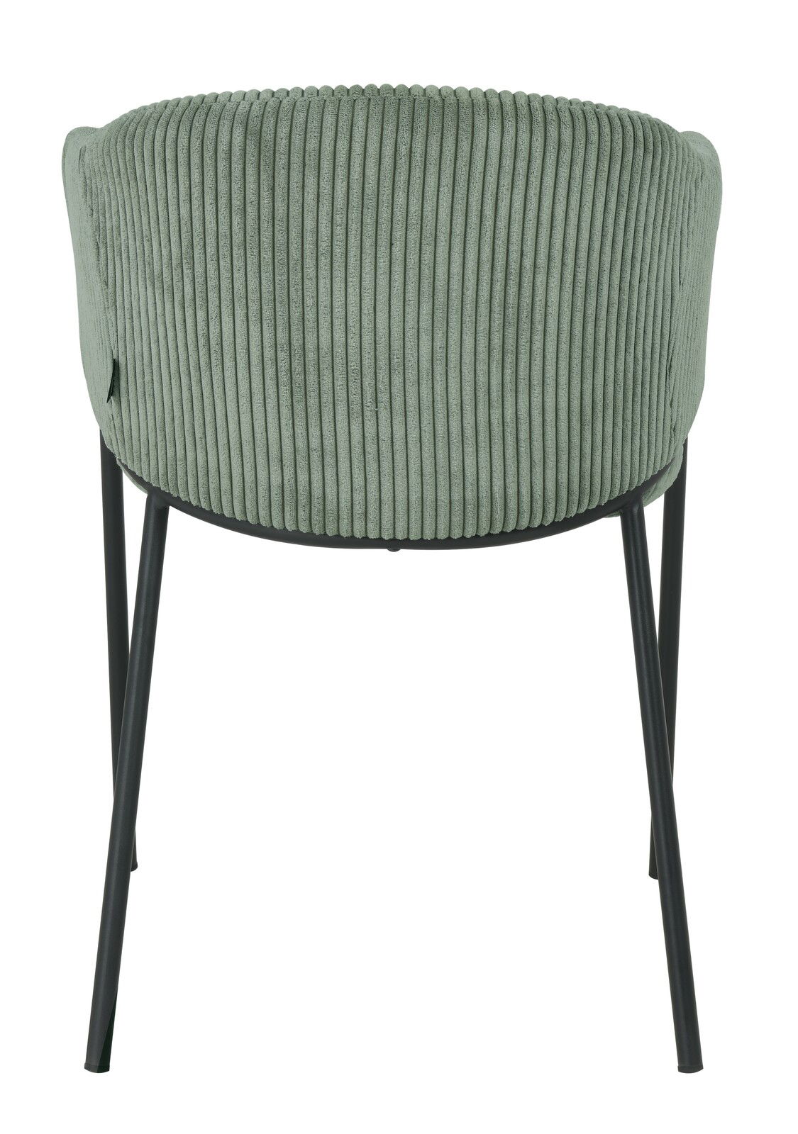 Rückansicht eines grünen Armlehnstuhls mit geripptem Stoffbezug und schwarzen Metallbeinen.
