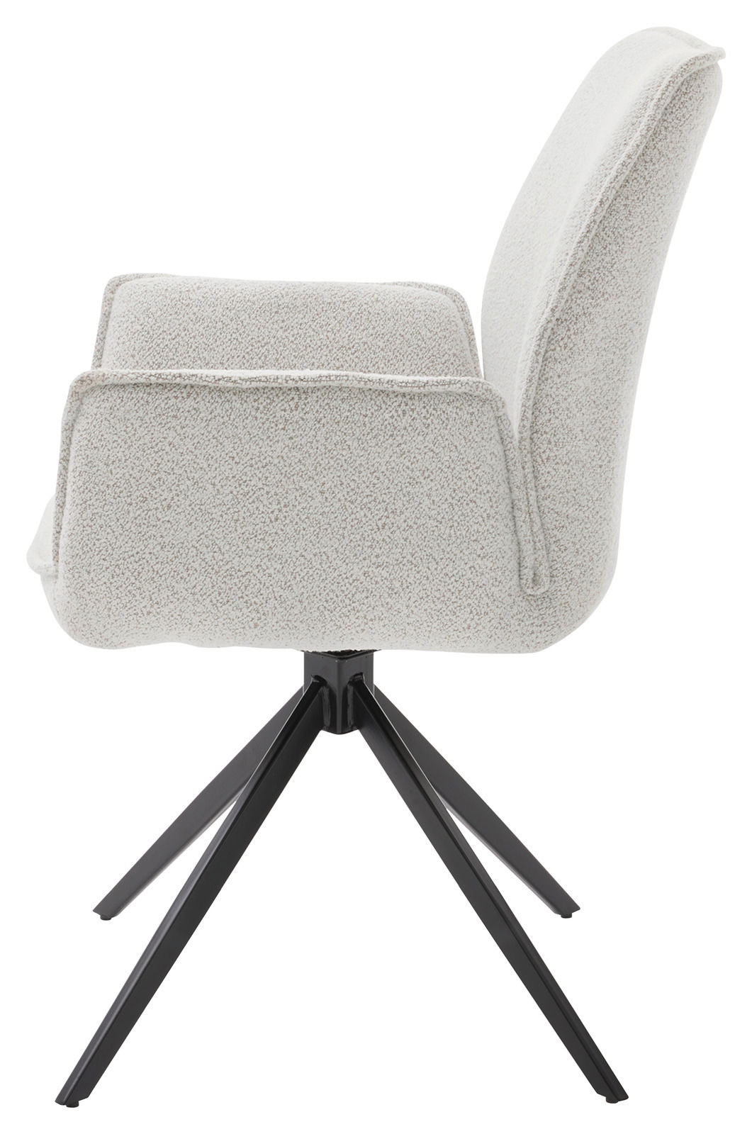 Seitenansicht eines modernen Armlehnstuhls mit hellem Stoffbezug und schwarzem Metallgestell.