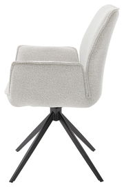 Seitenansicht eines modernen Armlehnstuhls mit hellem Stoffbezug und schwarzem Metallgestell.