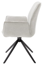 Seitenansicht eines modernen Armlehnstuhls mit hellem Stoffbezug und schwarzem Metallgestell.