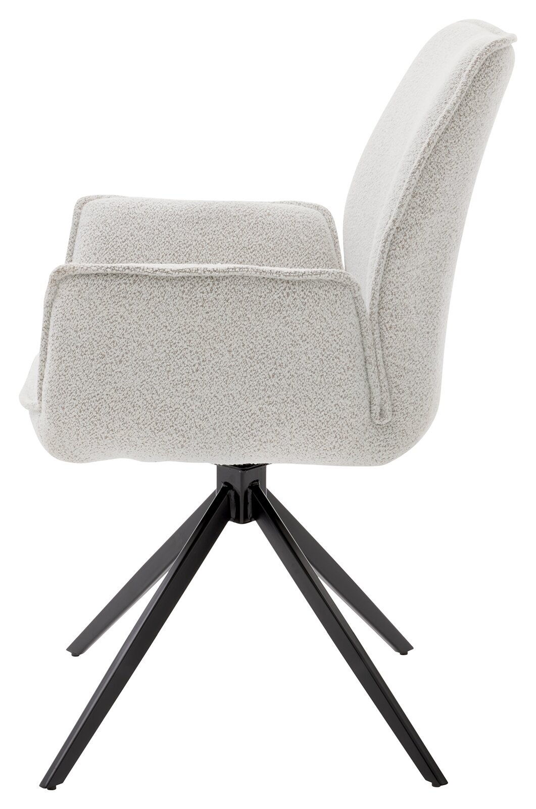 Seitenansicht eines modernen Armlehnstuhls mit hellem Stoffbezug und schwarzem Metallgestell.