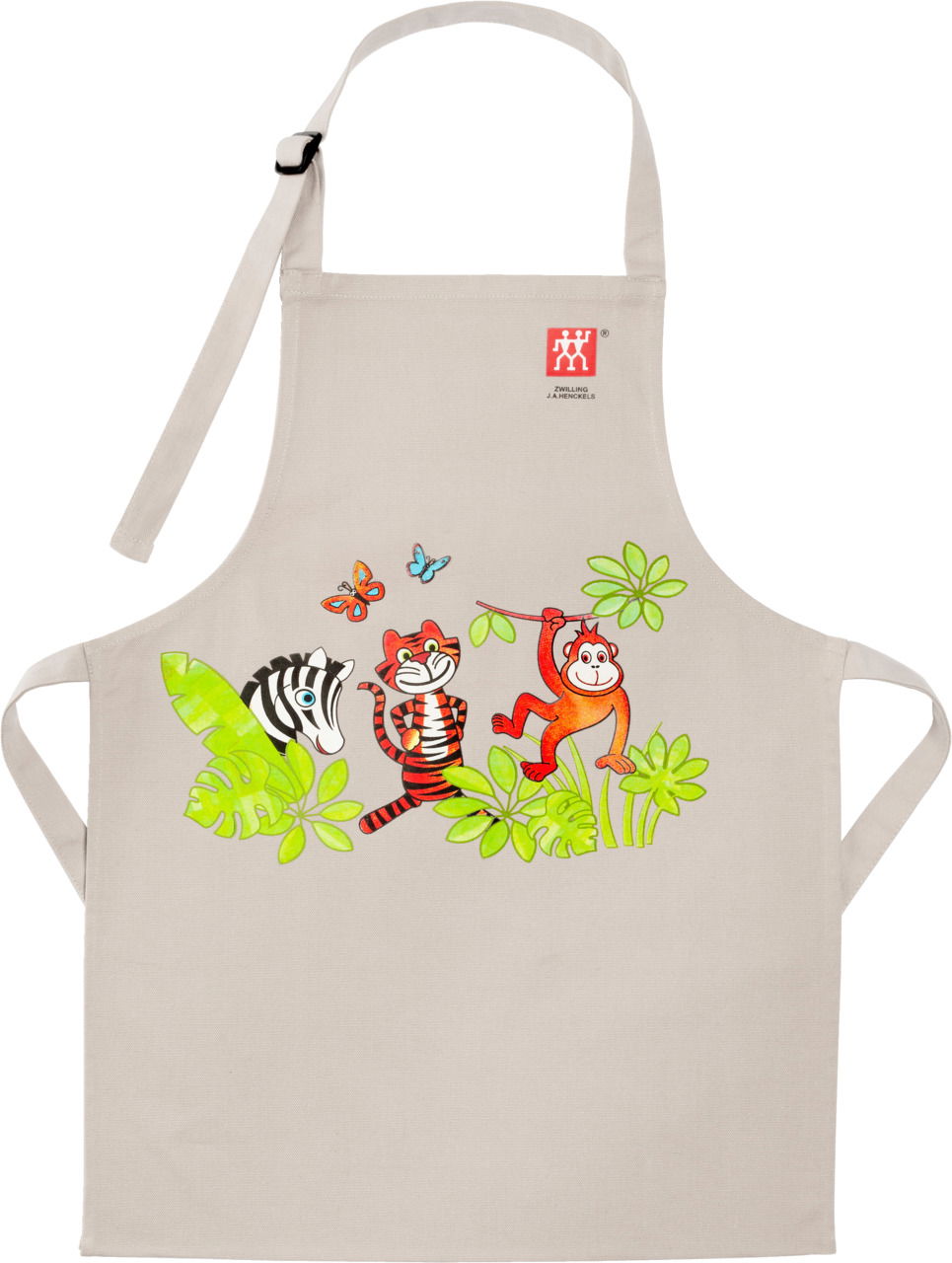Kinderschürze in Grau mit buntem Tiermotiv, zeigt Zebra, Tiger und Affe in einer fröhlichen Dschungelszene, Vorderansicht