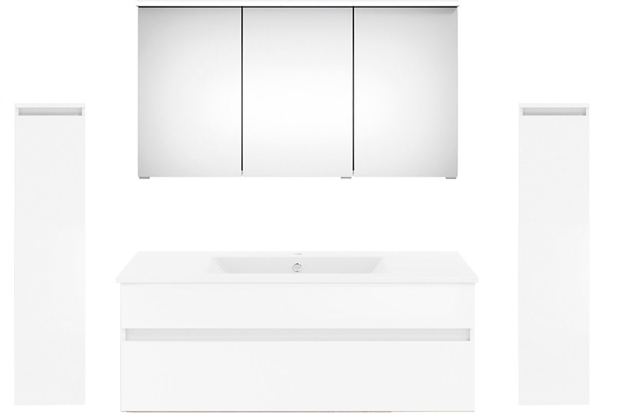 Frontale Ansicht einer modernen Badkombination mit Spiegelschrank und Waschbeckenunterschrank in Weiß.