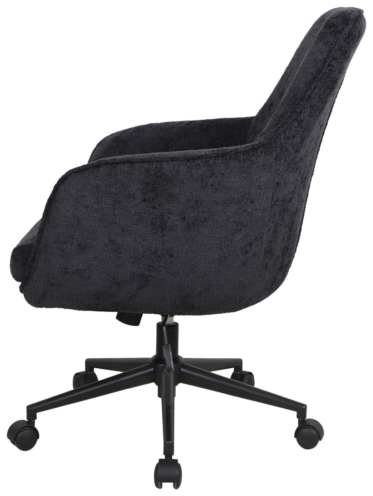 Seitenansicht eines schwarzen Drehstuhls mit gepolstertem Sitz und Rückenlehne auf einem fünfarmigen Rollfuß.