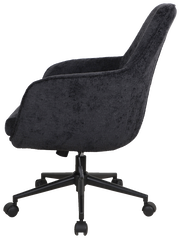 Seitenansicht eines schwarzen Drehstuhls mit gepolstertem Sitz und Rückenlehne auf einem fünfarmigen Rollfuß.