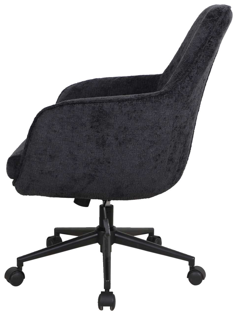 Seitenansicht eines schwarzen Drehstuhls mit gepolstertem Sitz und Rückenlehne auf einem fünfarmigen Rollfuß.