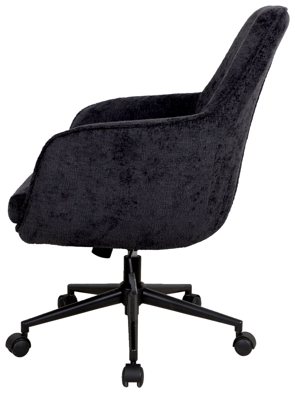 Seitenansicht eines schwarzen Drehstuhls mit gepolstertem Sitz und Rückenlehne auf einem fünfarmigen Rollfuß.