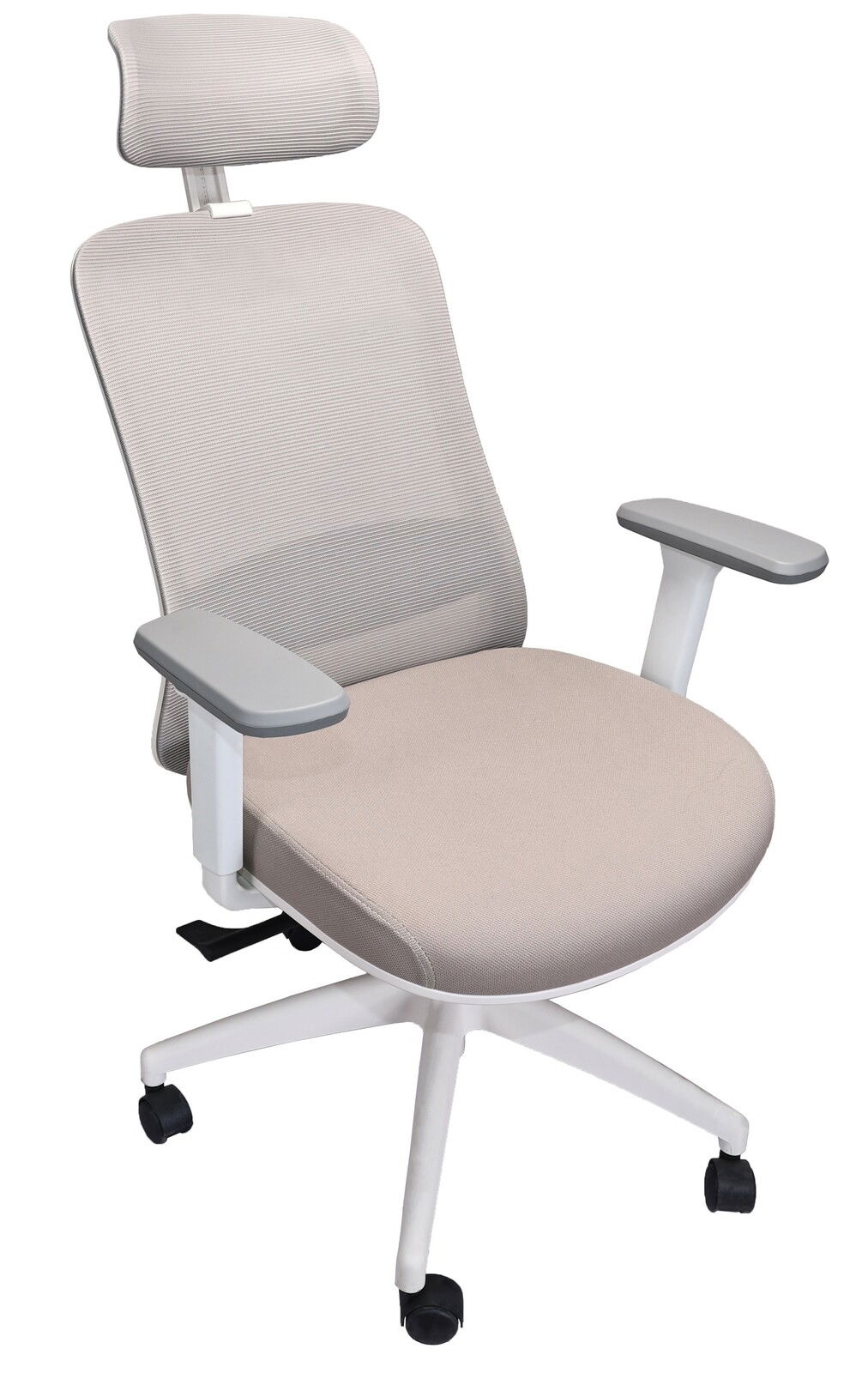 Moderner Drehstuhl mit Kopfstütze und Armlehnen, seitliche Perspektive