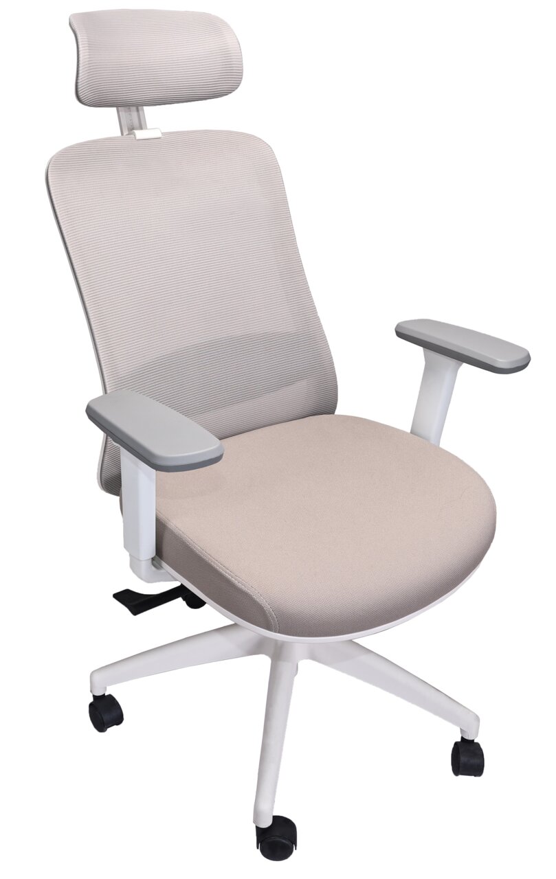 Moderner Drehstuhl mit Kopfstütze und Armlehnen, seitliche Perspektive