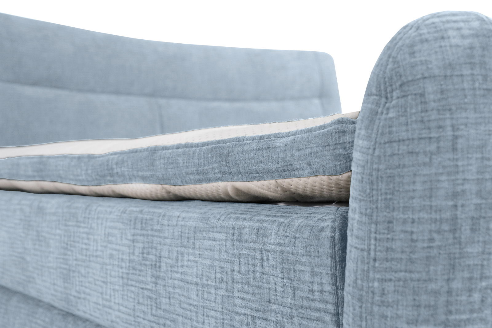 Nahaufnahme eines blauen Boxspringbetts mit gepolstertem Kopfteil und seitlicher Perspektive.