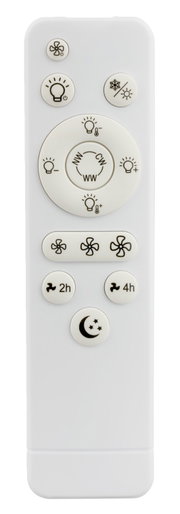 Weiße Fernbedienung für Ventilator und Licht mit Tasten für Helligkeit und Farbtemperatur (WW/NW/CW), Lüfterstufen, Timer 2h/4h und Nachtmodus, frontal von oben auf weißem Hintergrund