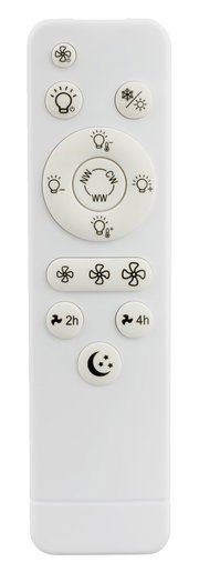 Weiße Fernbedienung für Ventilator und Licht mit Tasten für Helligkeit und Farbtemperatur (WW/NW/CW), Lüfterstufen, Timer 2h/4h und Nachtmodus, frontal von oben auf weißem Hintergrund