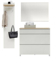 Garderoben-Set 3-tlg. in moderner Perspektive, bestehend aus einer weißen Wandpaneele mit Haken und Ablage, einem großen Spiegel und einer weißen Kommode mit Holzoberfläche.