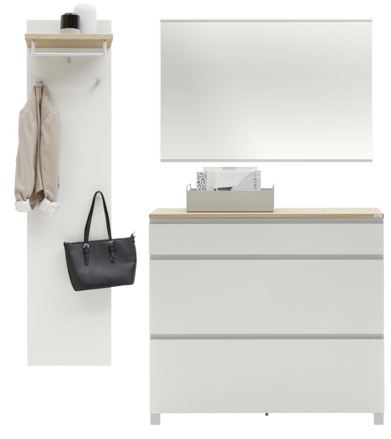 Garderoben-Set 3-tlg. in moderner Perspektive, bestehend aus einer weißen Wandpaneele mit Haken und Ablage, einem großen Spiegel und einer weißen Kommode mit Holzoberfläche.