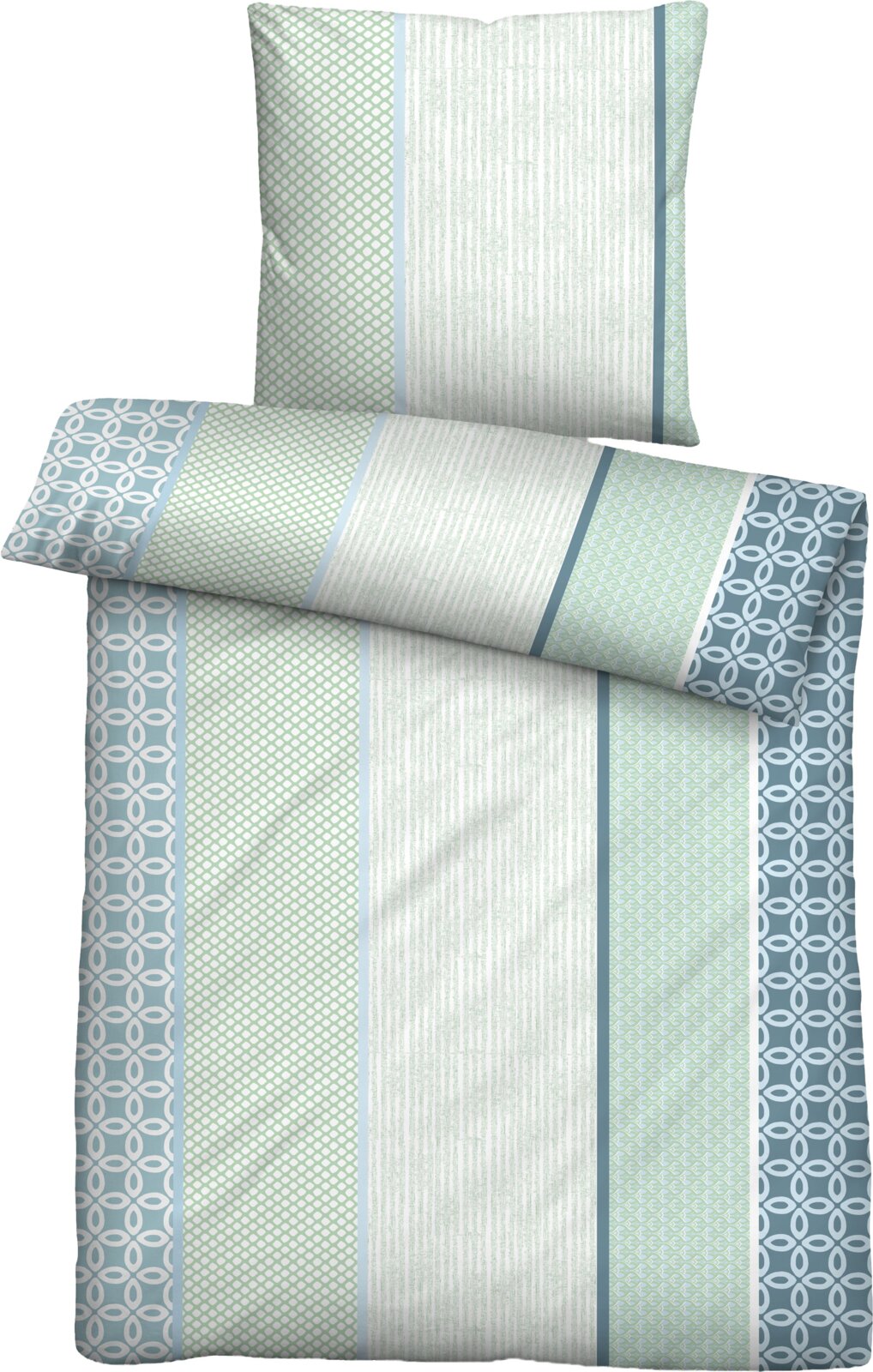 Bettwäsche-Set mit Kissenbezug und Bettbezug in Mintgrün, Weiß und Blau mit Streifen- und geometrischem Muster, Draufsicht