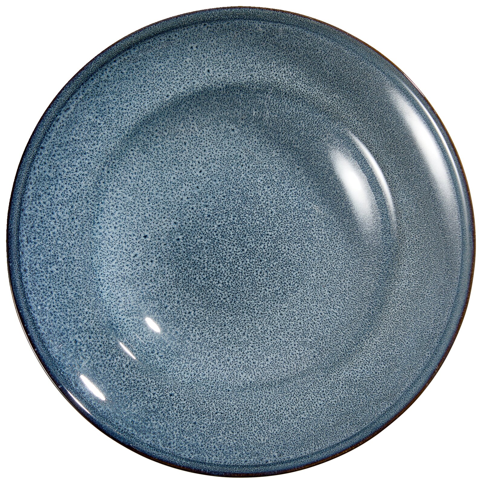 Rond blauw bord met glanzende, fijn gespikkelde glazuurlaag en donkere rand, van bovenaf gezien