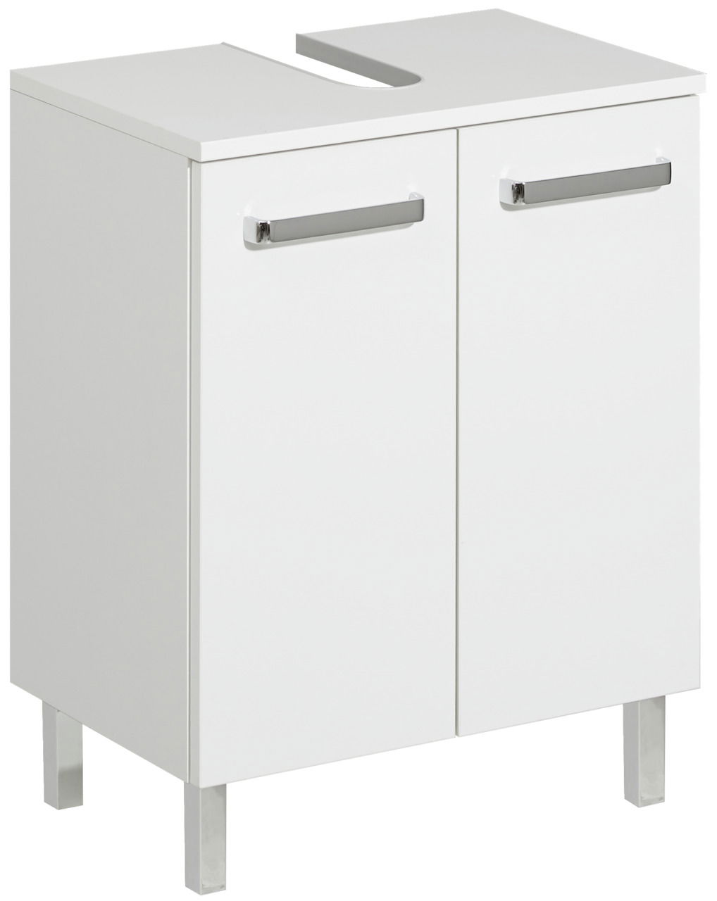 Weißer Waschbeckenunterschrank mit zwei Türen und silbernen Griffen, frontal betrachtet.