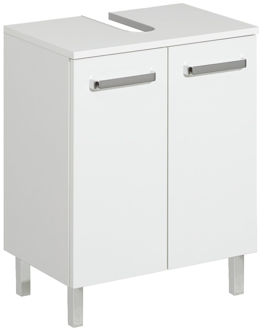 XORA Waschbeckenunterschrank TIVOLI Weißer Waschbeckenunterschrank mit zwei Türen und silbernen Griffen, frontal betrachtet.