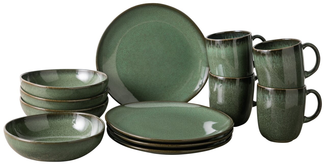 Villeroy & Boch Frühstücks-Set 12-tlg. LAVE VERT Frühstücksset aus 12 Teilen in grünem Keramikdesign, bestehend aus Tellern, Schalen und Tassen, seitliche Perspektive