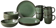 Frühstücksset aus 12 Teilen in grünem Keramikdesign, bestehend aus Tellern, Schalen und Tassen, seitliche Perspektive