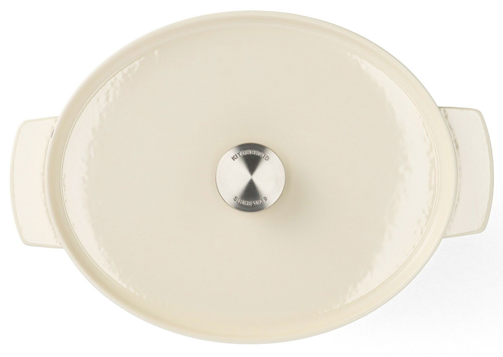 Gusseiserner ovaler Bräter von oben, cremefarben mit Edelstahlknauf.