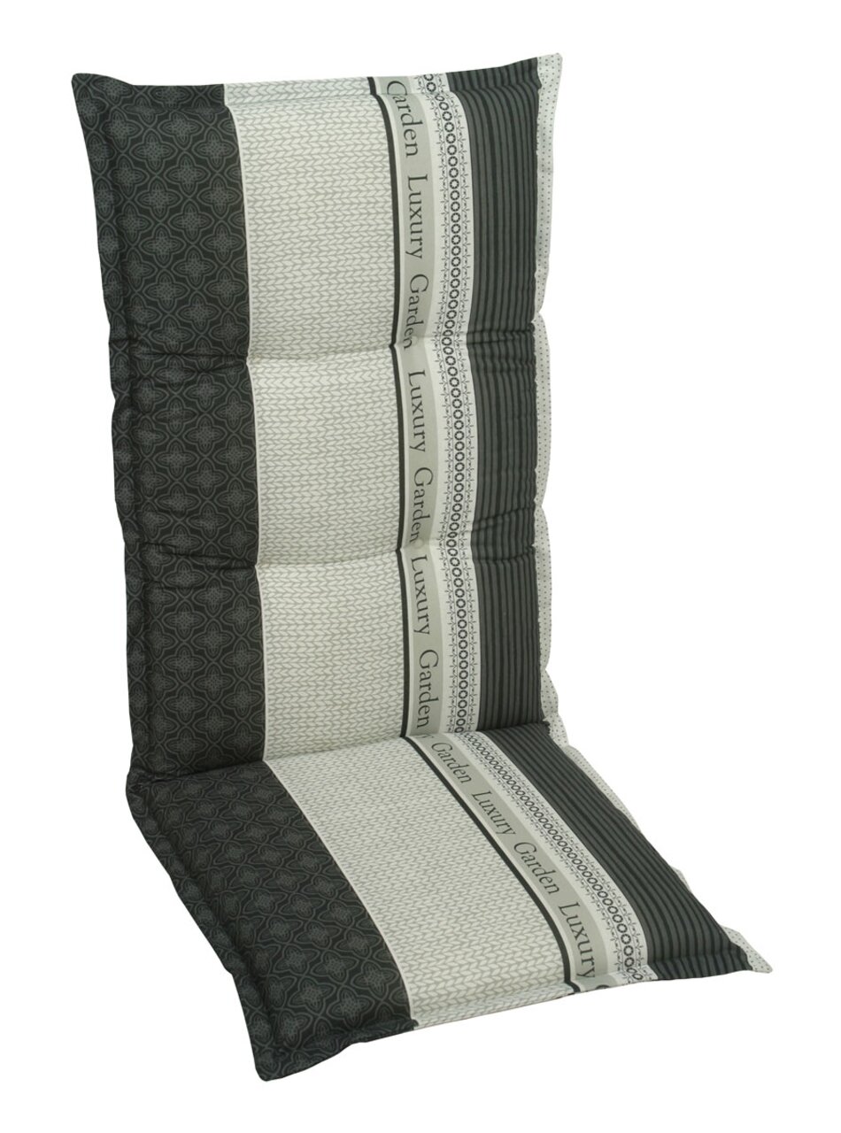 Sesselauflage mit grünem und cremefarbenem Muster, Aufschrift 'Garden Luxury', seitliche Perspektive
