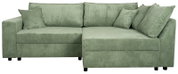 Grünes Ecksofa mit Cordbezug, bestehend aus zwei Teilen, mit mehreren Kissen, Perspektive von vorne.