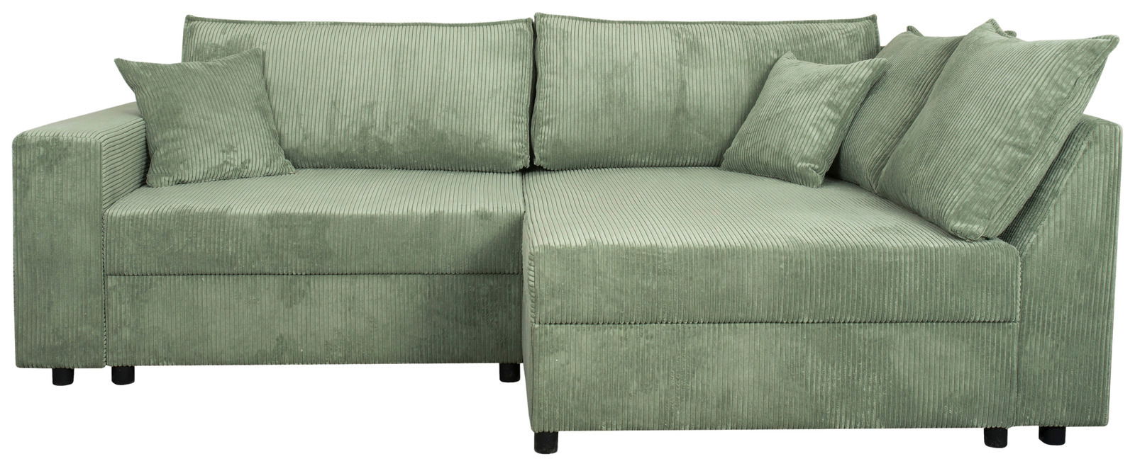 Grünes Ecksofa mit Cordbezug, bestehend aus zwei Teilen, mit mehreren Kissen, Perspektive von vorne.
