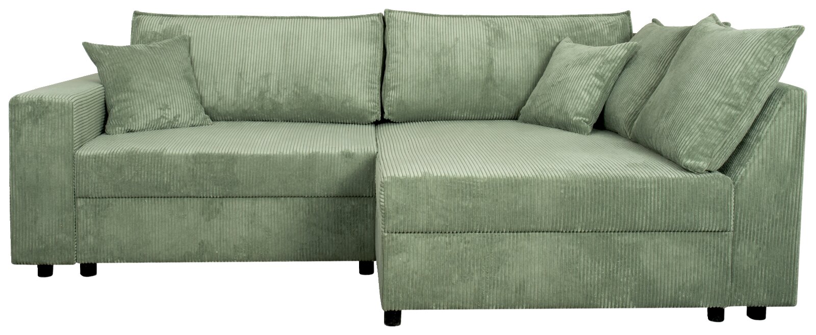 Groene hoekbank met corduroy bekleding, bestaande uit twee delen, met meerdere kussens, gezien van voren.