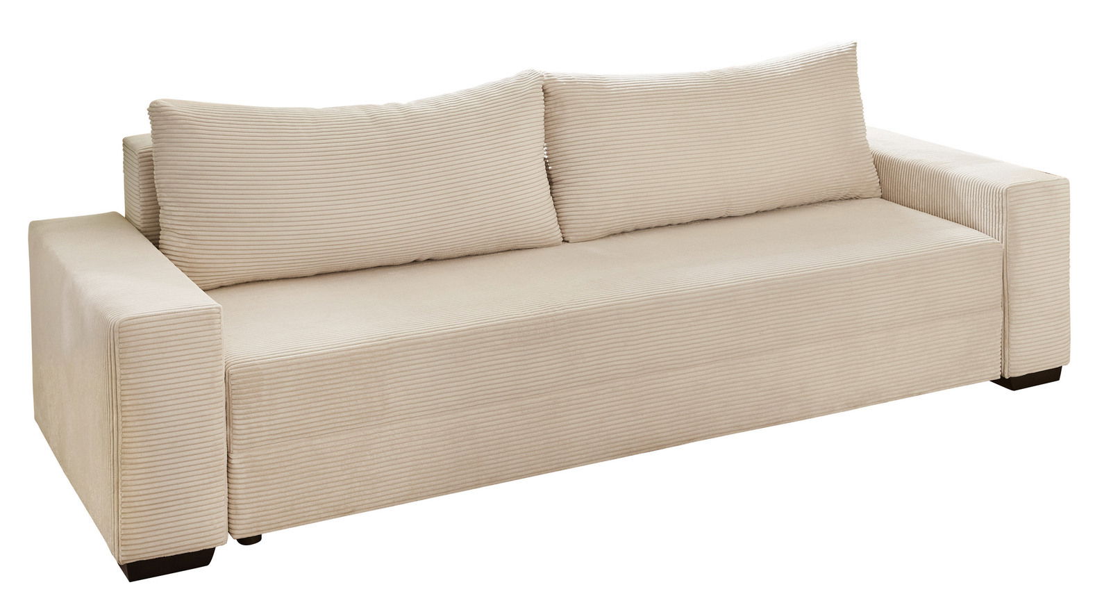 Beiges Funktionssofa mit geraden Linien und zwei großen Rückenkissen, seitliche Perspektive