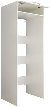 Weißer Doppel-Geräteschrank der Serie WASCHPUNKT von XORA, seitliche Perspektive mit geöffneter oberer Klappe.