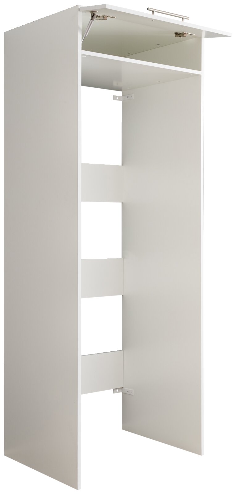 Weißer Doppel-Geräteschrank der Serie WASCHPUNKT von XORA, seitliche Perspektive mit geöffneter oberer Klappe.