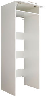 Weißer Doppel-Geräteschrank der Serie WASCHPUNKT von XORA, seitliche Perspektive mit geöffneter oberer Klappe.