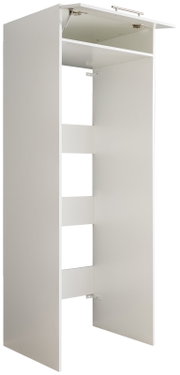 Weißer Doppel-Geräteschrank der Serie WASCHPUNKT von XORA, seitliche Perspektive mit geöffneter oberer Klappe.
