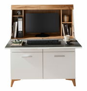Moderner Sekretär mit Holz- und Weißakzenten, ausgestattet mit Monitor, Tastatur und Stauraum, frontal abgebildet.