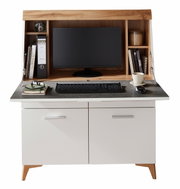 Moderner Sekretär mit Holz- und Weißakzenten, ausgestattet mit Monitor, Tastatur und Stauraum, frontal abgebildet.