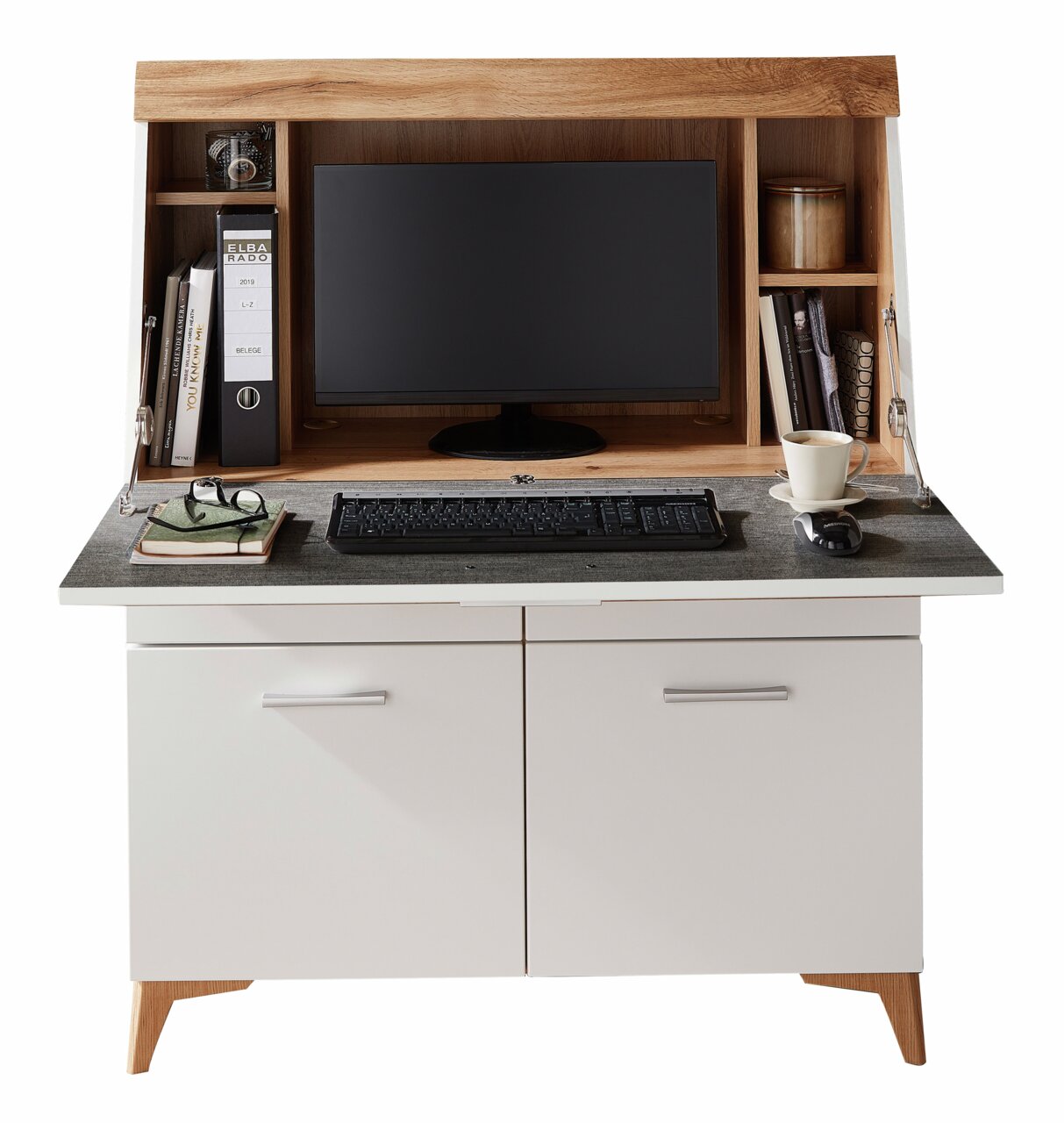 Moderne secretaire met houten en witte accenten, voorzien van een beeldscherm, toetsenbord en opbergruimte, afgebeeld van voren.
