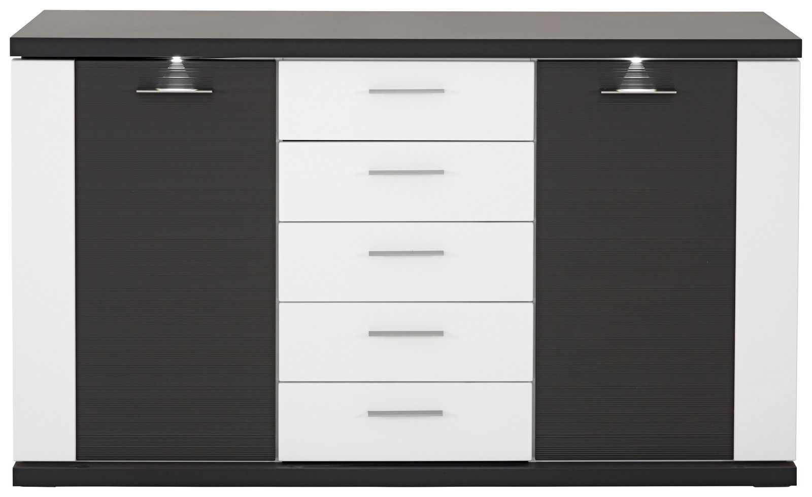 Frontale Ansicht eines modernen Sideboards mit schwarzem und weißem Design, zwei Türen und fünf Schubladen.