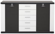 Frontale Ansicht eines modernen Sideboards mit schwarzem und weißem Design, zwei Türen und fünf Schubladen.