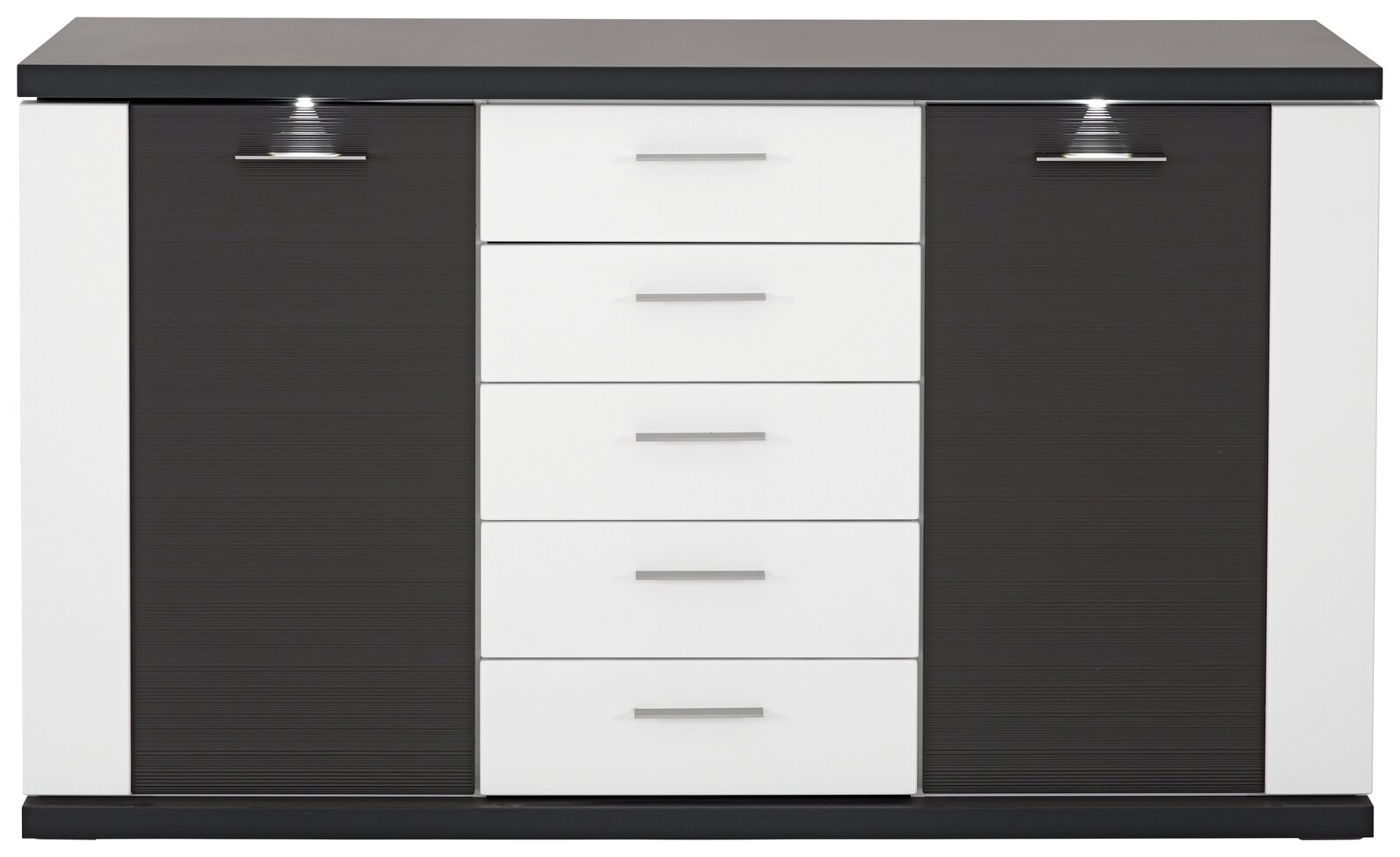 Frontale Ansicht eines modernen Sideboards mit schwarzem und weißem Design, zwei Türen und fünf Schubladen.