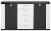 Frontale Ansicht eines modernen Sideboards mit schwarzem und weißem Design, zwei Türen und fünf Schubladen.