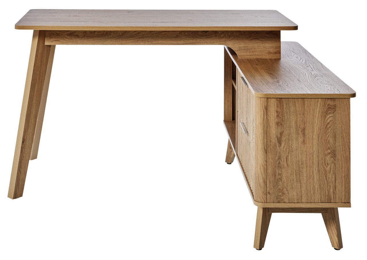 Eck-Schreibtisch aus Holz in L-Form, seitliche Perspektive