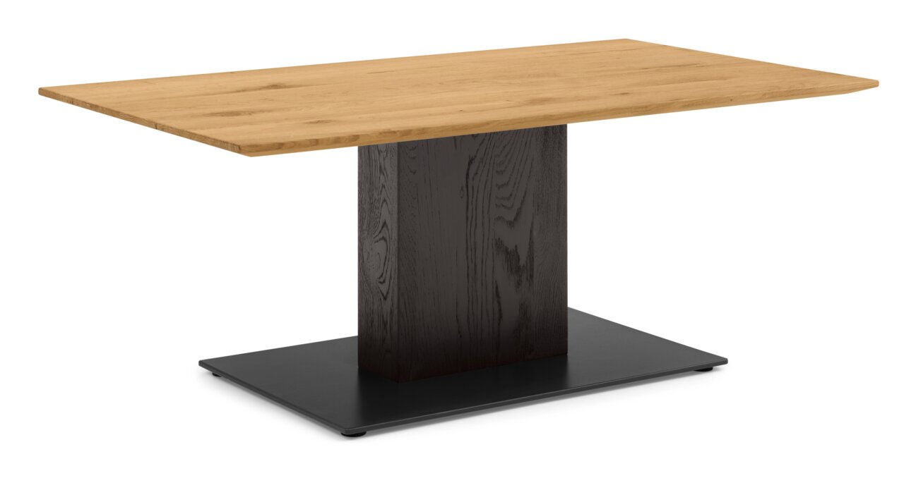 Moderner Couchtisch mit rechteckiger Holzplatte und schwarzem Sockel, seitliche Perspektive