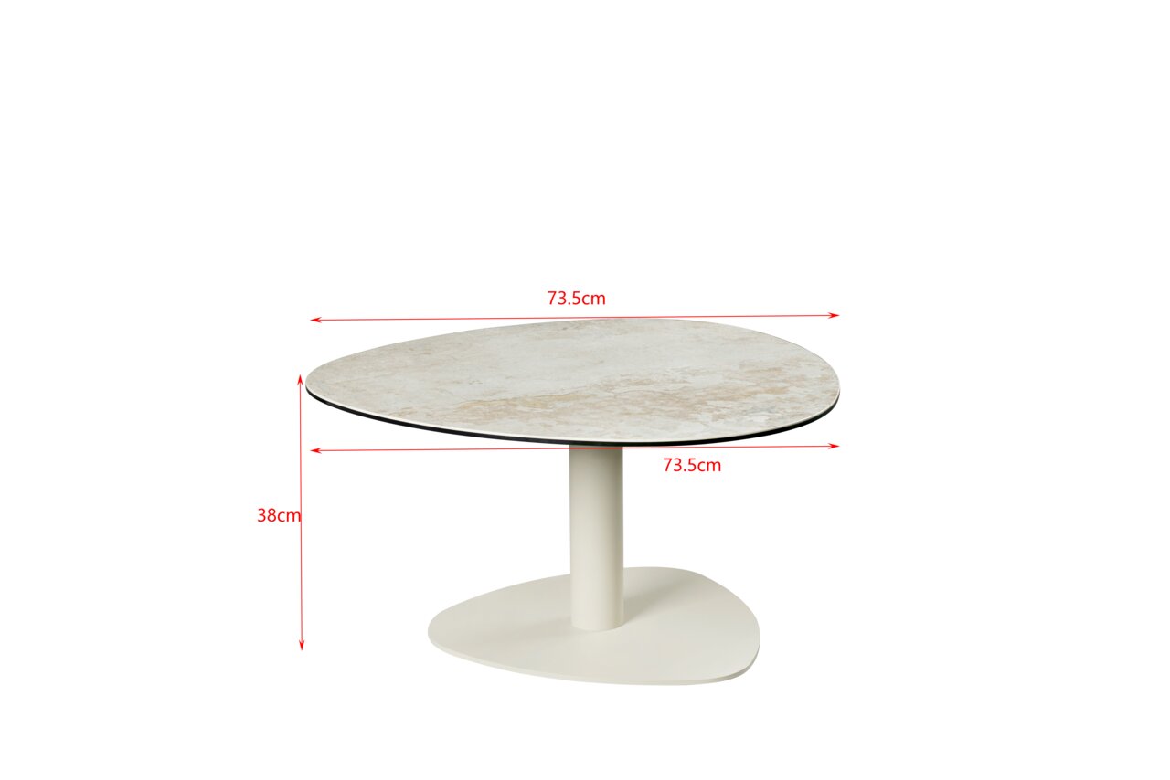 Moderner Couchtisch Emilio Belluti Tisch BARCELONA mit runder Tischplatte und zentralem Standfuß, seitliche Perspektive, Maße 73,5 cm x 73,5 cm x 38 cm.