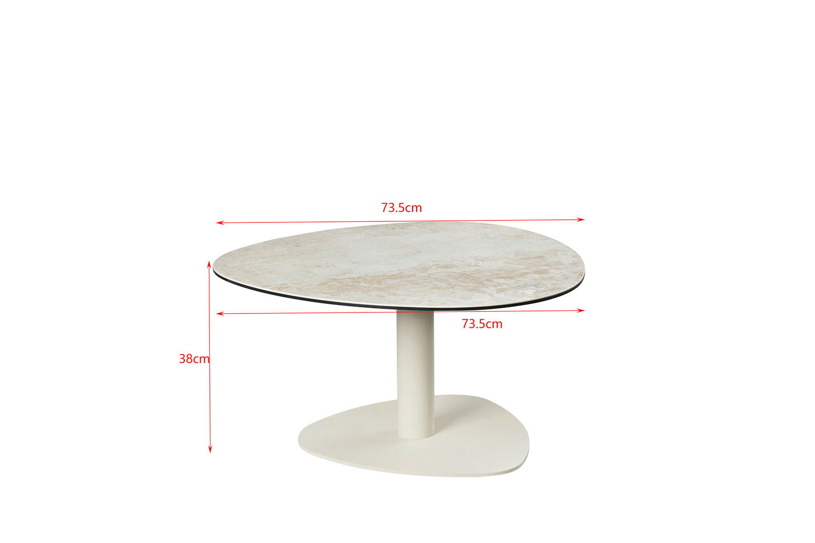 Moderner Couchtisch Emilio Belluti Tisch BARCELONA mit runder Tischplatte und zentralem Standfuß, seitliche Perspektive, Maße 73,5 cm x 73,5 cm x 38 cm.