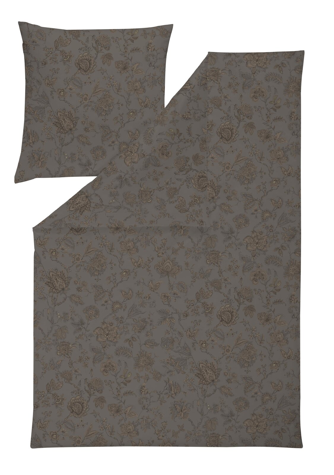 Dunkelgraue Bettwäsche mit filigranem floralem Allover-Muster und dezenten goldfarbenen Akzenten, bestehend aus Deckenbezug und Kissenbezug, aus der Draufsicht dargestellt