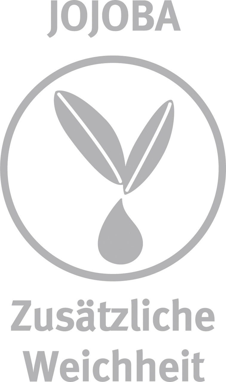 Logo mit Jojoba-Symbol und Text 'Zusätzliche Weichheit', frontal betrachtet.