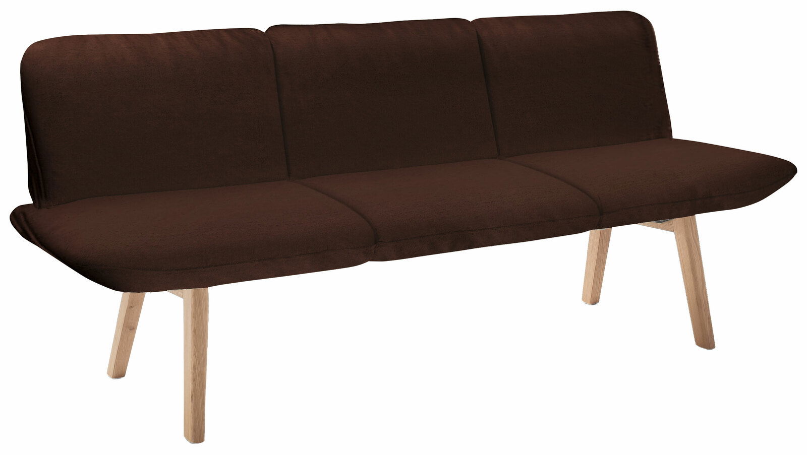 Venjakob Sitzbank RUBIN Braune Sitzbank mit drei gepolsterten Sitzflächen und Holzbeinen, seitliche Perspektive